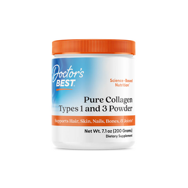 Doctor's Best Pure Collagen Types 1 and 3 Powder 200 g provides hydrolyzed collagen peptides to support healthy hair, skin, nails, bones, and joints. Net weight: 200 grams.